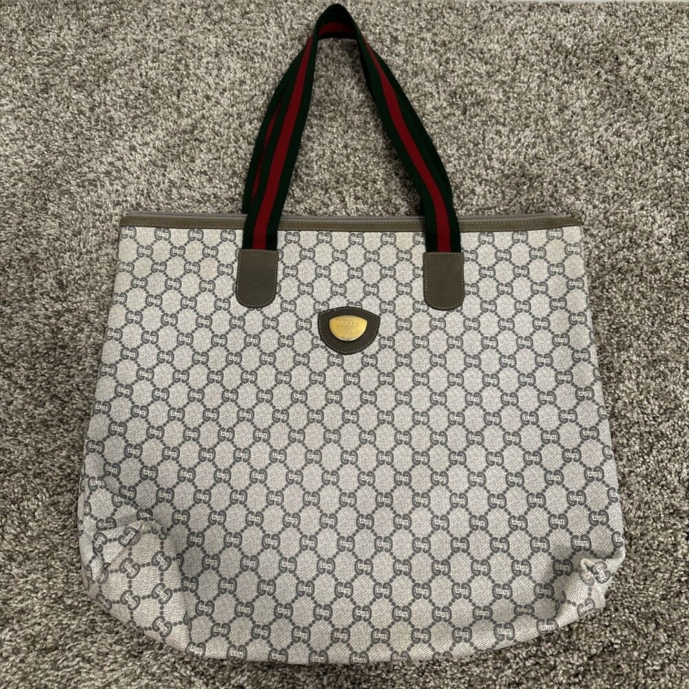 Vintage Gucci Plus GG PVC Leather Canvas Web Stripe Line Tote Bag Grey Italy